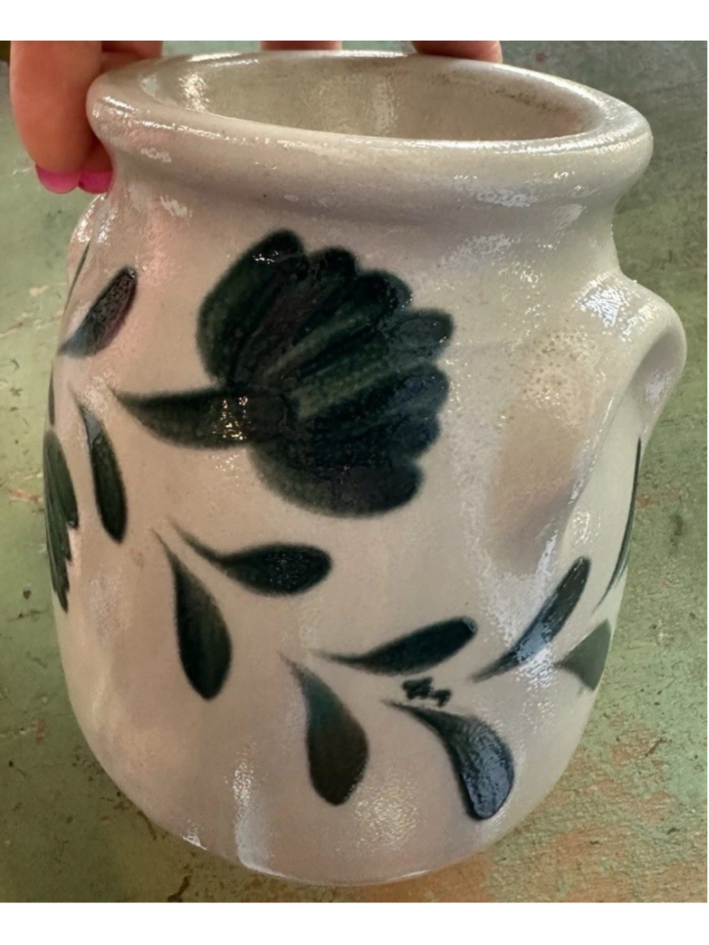 Vintage Salmon Falls Stoneware Pottery Salt-Glaze Tart Warmer Green Vine